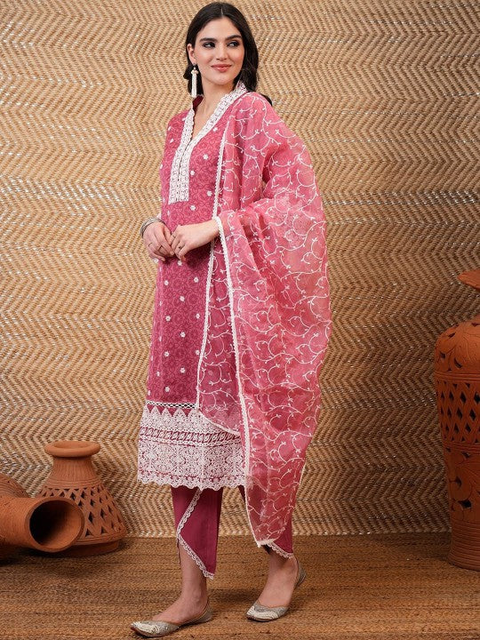 Vishudh Rose Floral Embroidered Straight Kurta & Trousers With Dupatta
