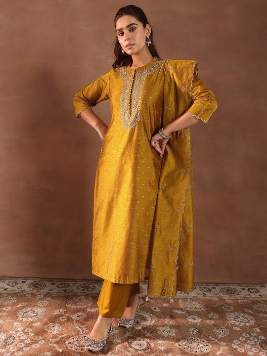 Floral Woven Design Thread Work Chanderi Silk Kurta
