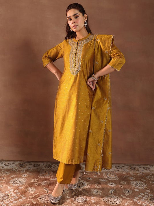 Floral Woven Design Thread Work Chanderi Silk Kurta