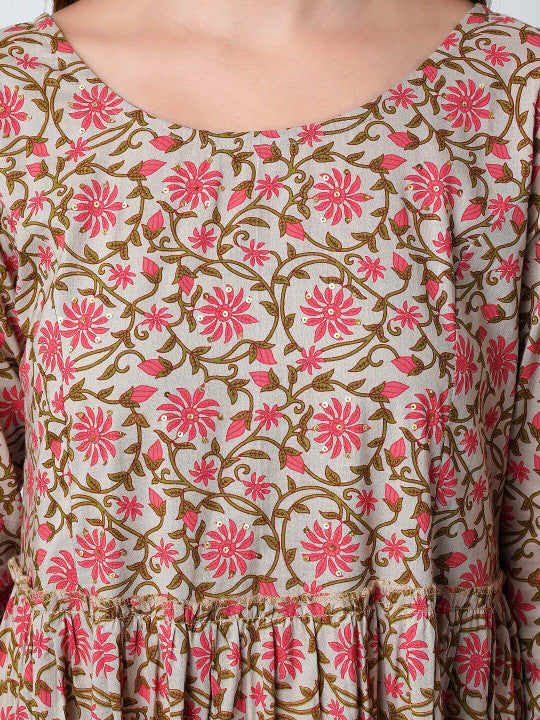 Haute and Humble Floral Printed Pure Cotton Fit & Flare Ethnic Dress