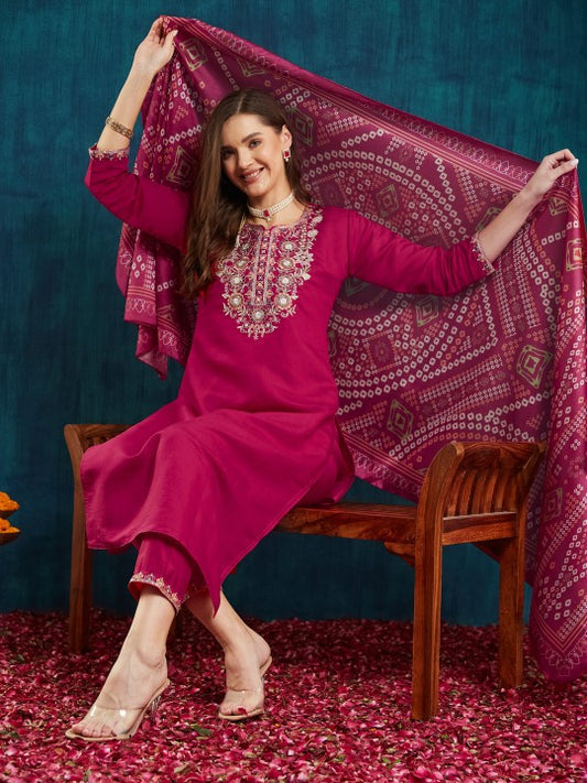 Floral Yoke Design Beads and Stones Pure Silk Kurta