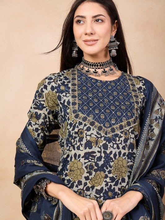 Anouk Navy Blue Floral Printed Pure Cotton Straight Kurta & Trousers With Dupatta