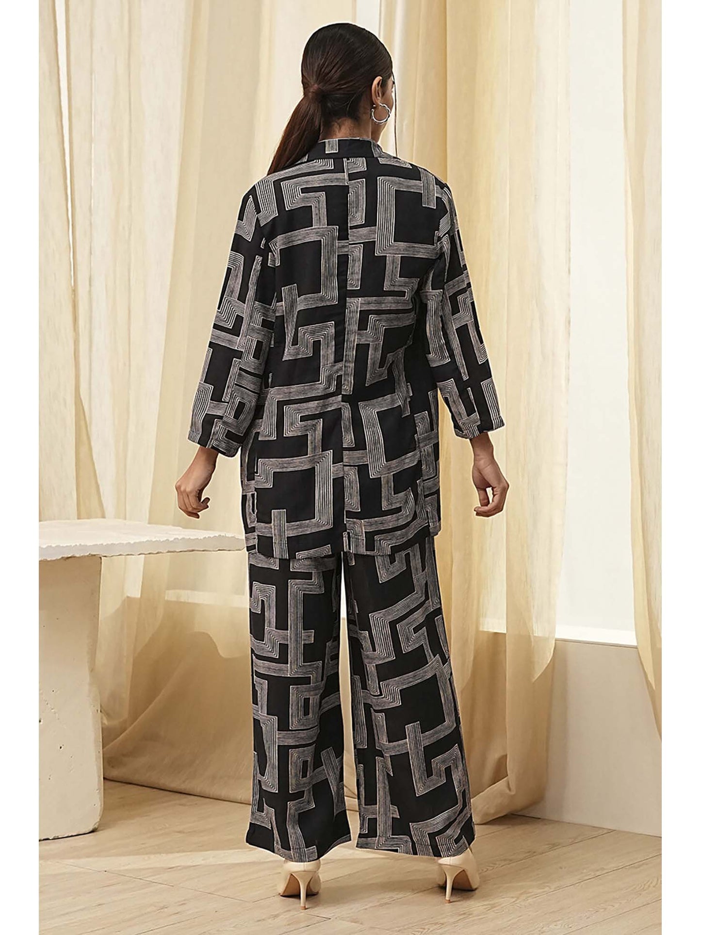 Women's Black Viscose Printed Co-Ord (Set of 3)
