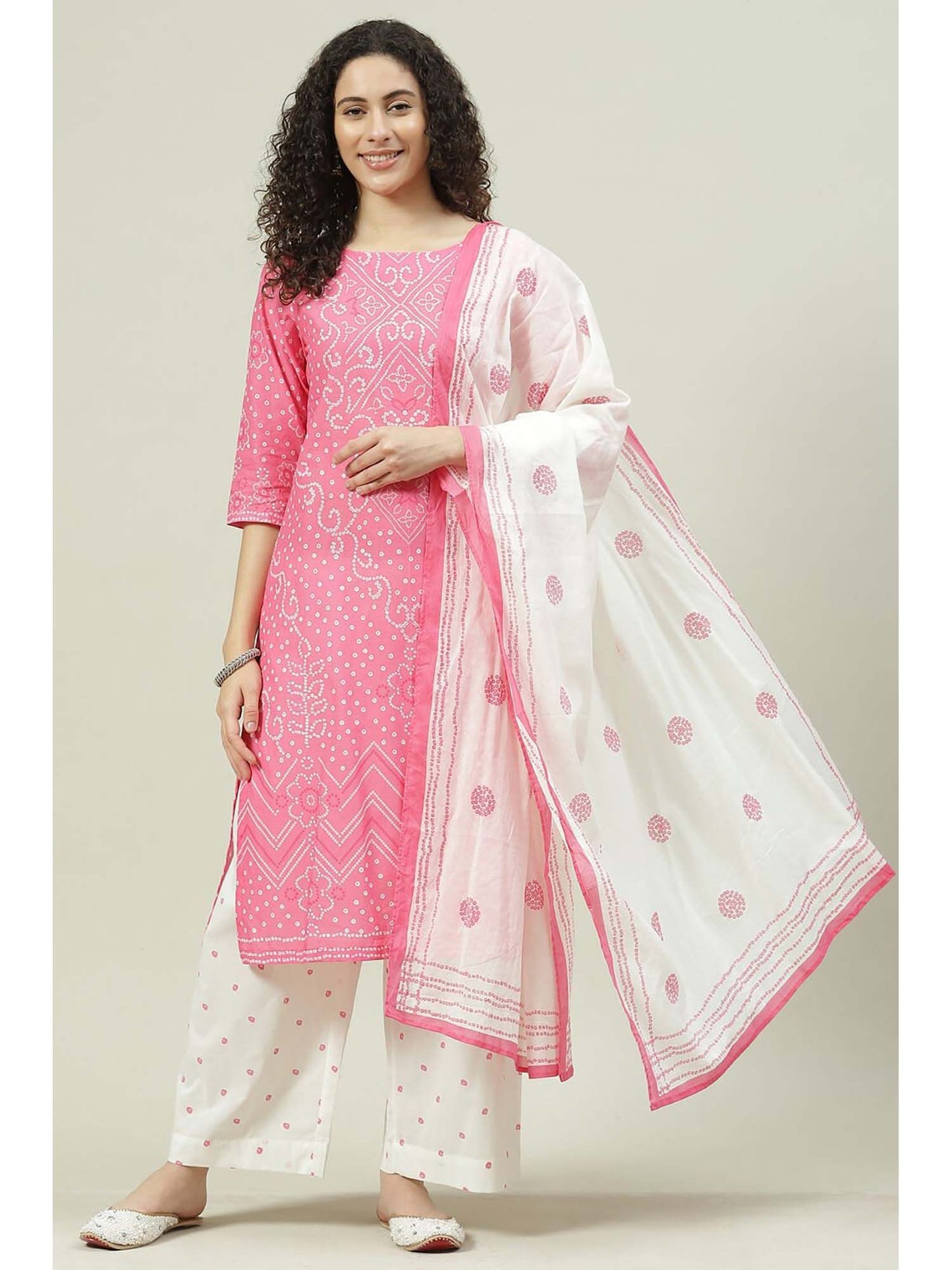 Women's Pink Printed Straight Kurta with Palazzo and Dupatta (Set of 3)