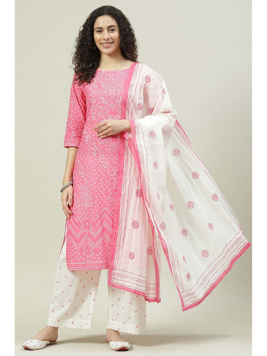Women's Pink Printed Straight Kurta with Palazzo and Dupatta (Set of 3)
