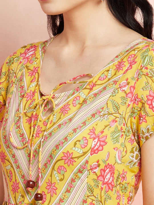 AKS Floral Printed Cotton Fit & Flare Maxi Ethnic Dress