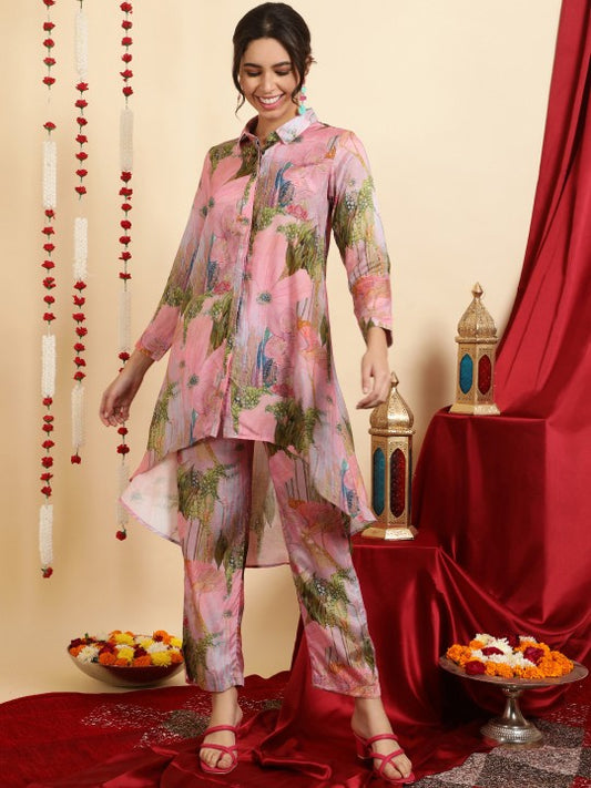 Jaipur Kurti Printed Shirt Collar Tunic & Trousers