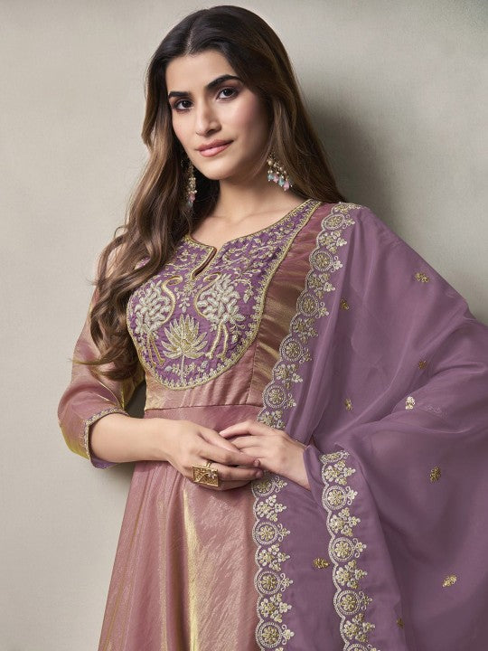 Inddus Women Floral Yoke Design Thread Work A-Line Crushed Organza Kurta