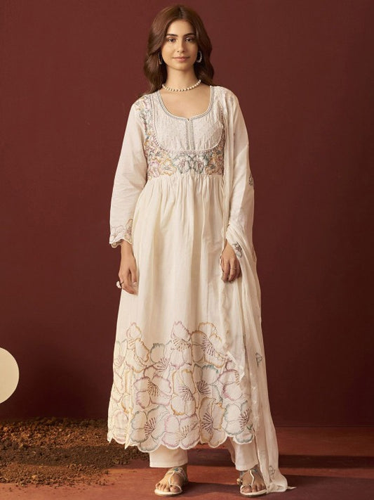 DRESOUL Floral Embroidered Pure Cotton Anarkali Kurta With Churidar & Dupatta