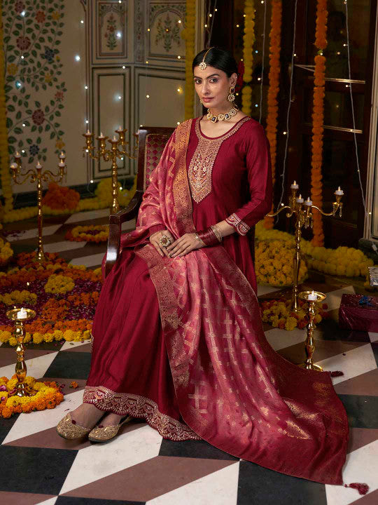 Floral Yoke Design Pleated Sequinned A-Line Kurta with Trousers & Dupatta