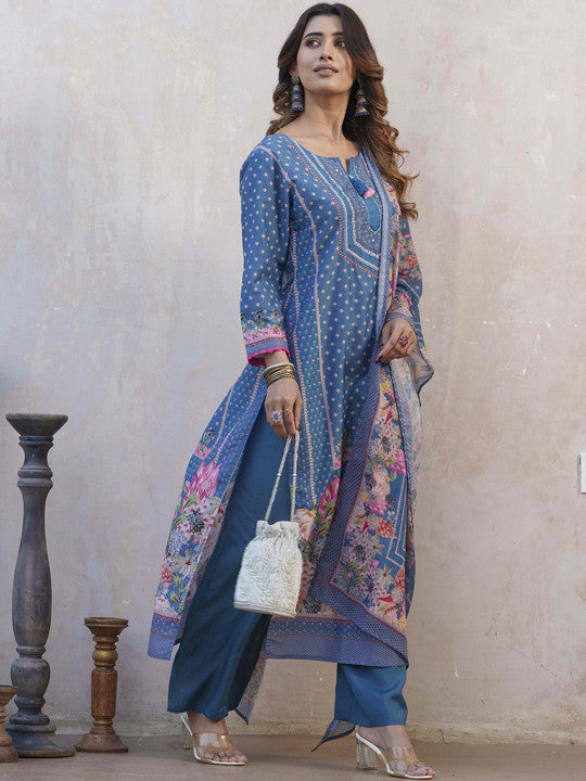 Floral Printed Straight Kurta With Palazzos & Dupatta