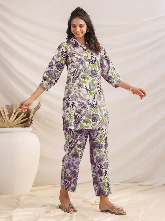 Floral Printed Pure Cotton Tunic With Trousers Co-Ords