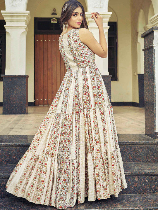 CHANSI Floral Printed Pleated Flared Maxi Dress