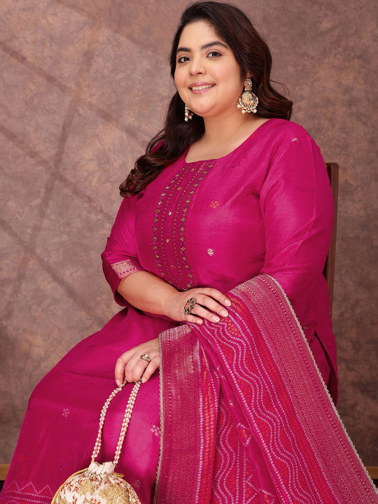 INDDUS PLUS Women Floral Yoke Design Regular Sequinned Kurta with Trousers & With Dupatta