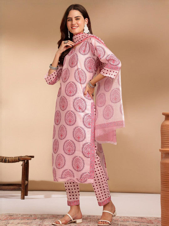 Ethnic basket Women Pink Cotton Blend Kurta Sets With Dupatta