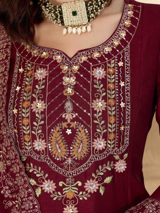Anouk Maroon Ethnic Motifs Embroidered Sequinned Anarkali Kurta