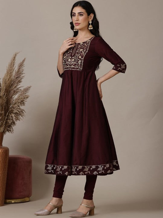 AURELIA Floral Embroidered Thread Work Round Neck Anarkali Kurta With Leggings and Dupatta