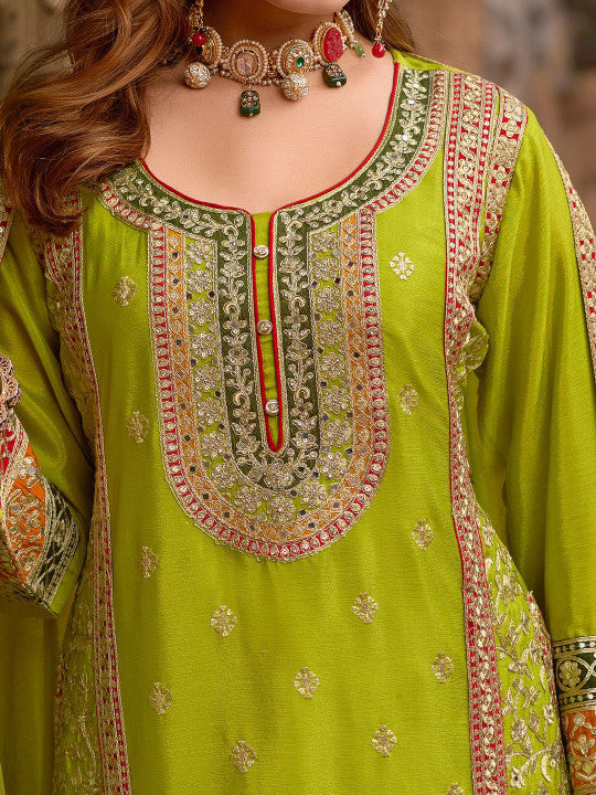 Indo Era Floral Embroidered Sequinned Chinon Straight Kurta With Sharara & Dupatta