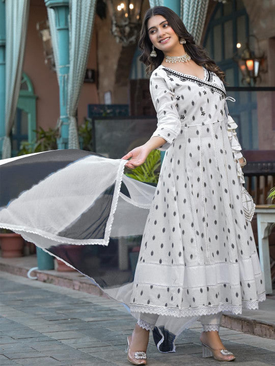 Aavanya White Cotton Bead & Stone Work V-Neck Anarkali Kurta & Trouser With Dupatta