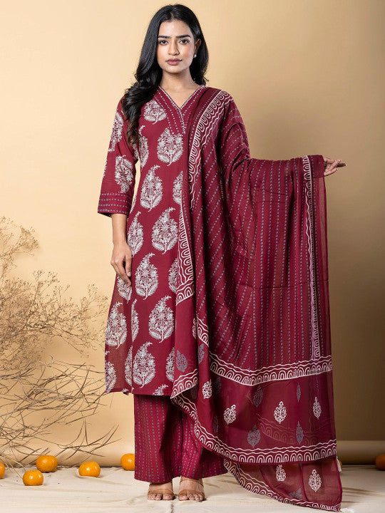 Floral Printed V-Neck Pure Cotton Straight Kurta With Palazzos & Dupatta
