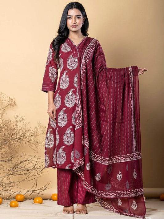 Floral Printed V-Neck Pure Cotton Straight Kurta With Palazzos & Dupatta