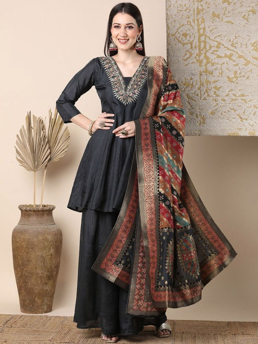 FASHOR Ethnic Motifs Yoke Design V-Neck A-Line Kurta
