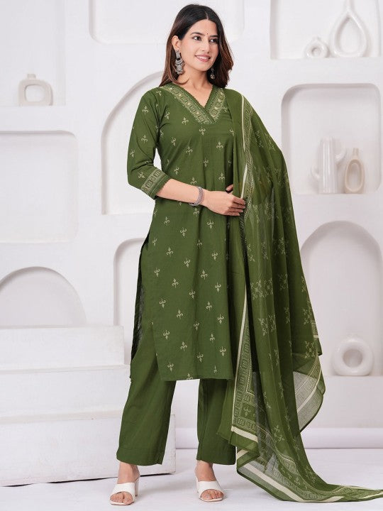 Floral Printed V-Neck Sequinned Pure Cotton Kurta With Trousers & Dupatta