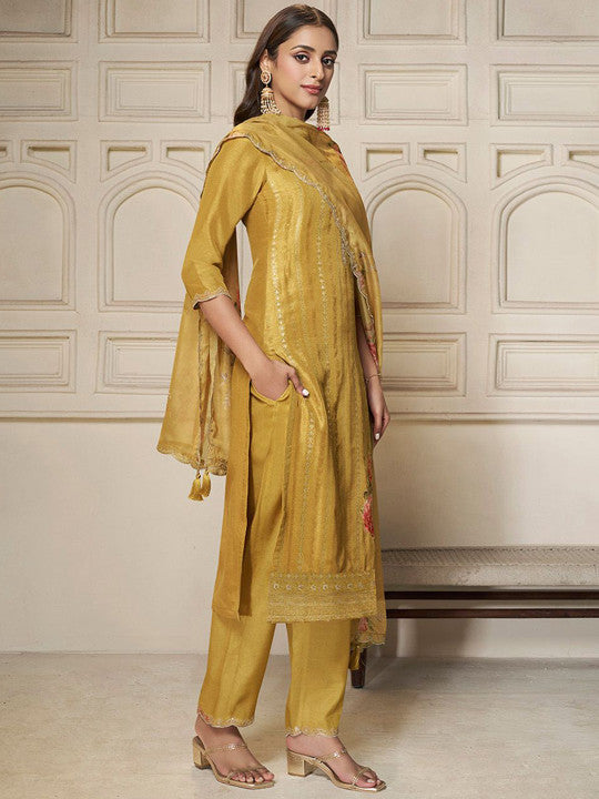 Floral Woven Design Jacquard V-Neck Pure Silk Kurta with Trousers & Dupatta