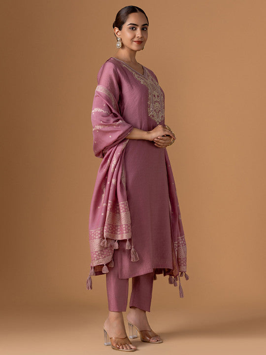 WOMEN PLUS Ethnic Motifs Embroidered Straight Kurta with Trousers & Dupatta