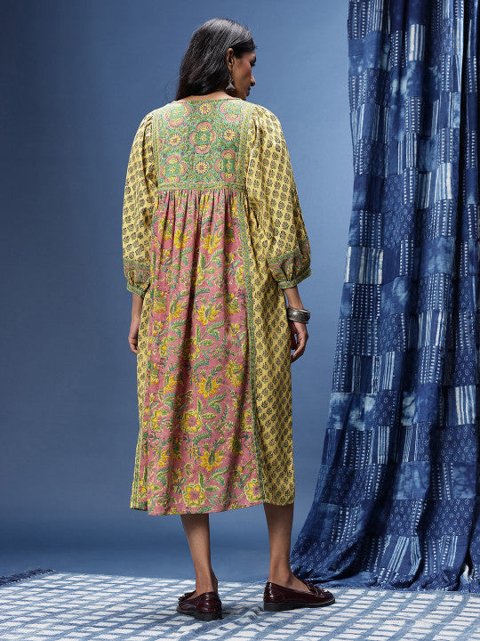 Taavi Floral Printed A-Line Sanganeri Ethnic Dress