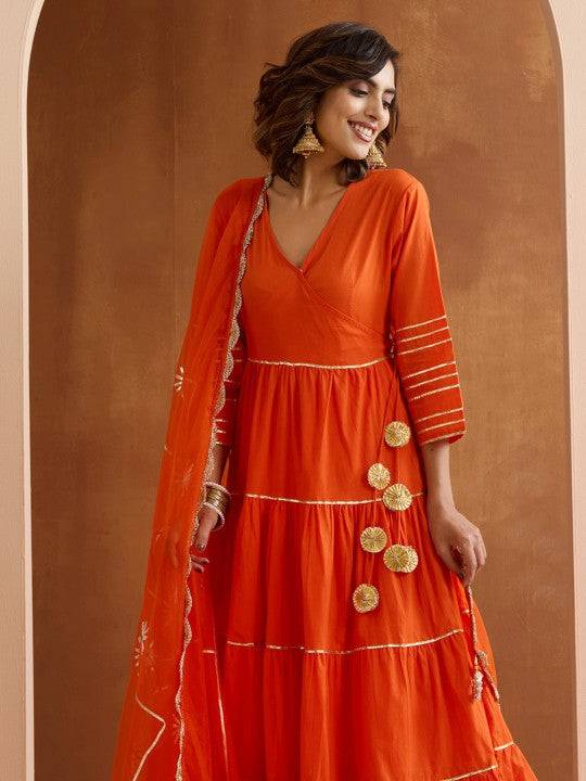 Ishin Gotta Patti Pure Cotton V-Neck Anarkali Kurta With Palazzos And Dupatta