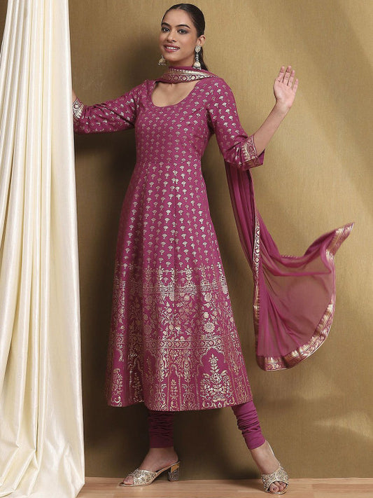 Biba Floral Printed Round Neck Pure Cotton A-Line Kurta With Churidar & Dupatta