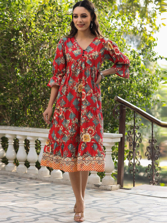 Floral Printed Pure Cotton Knee-Length A-Line Ethnic Dress