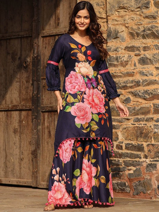 ASHEERA Printed V-Neck Pure Cotton Tunic & Palazzos