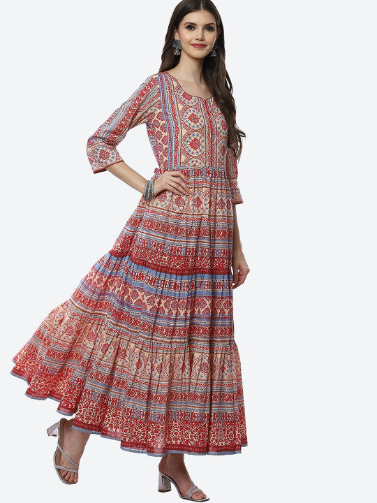 Biba Cream-Coloured & Red Ethnic Motifs Maxi Dress