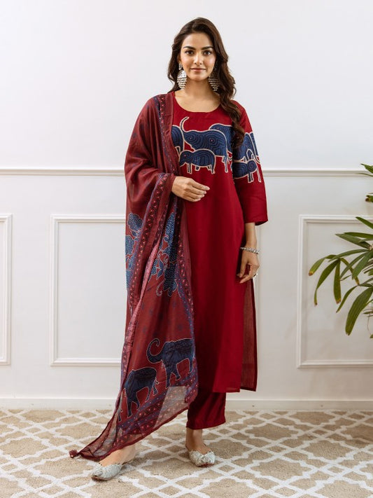 Ishin Women Ethnic Motifs Printed Empire Pure Cotton Kurta with Trousers & With Dupatta