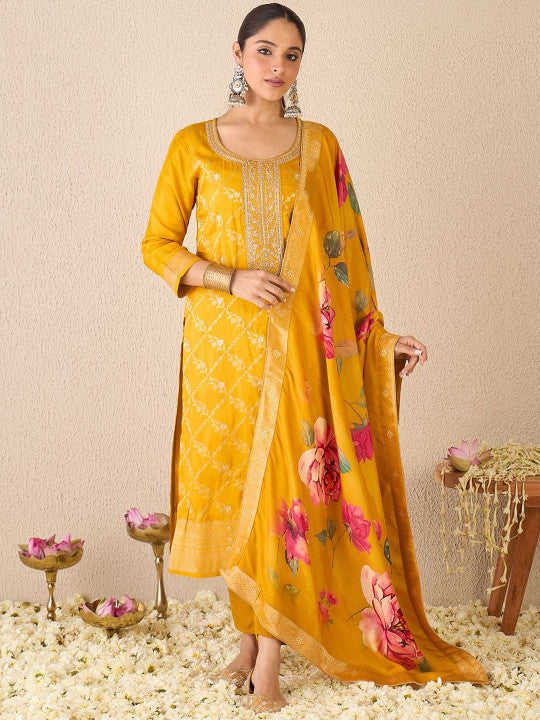 Indo Era Women Ethnic Motifs Embroidered Regular Kurta with Trousers & With Dupatta