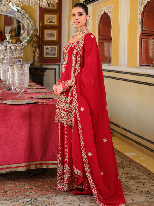 Indo Era Adults-Women Woven Design Embroidered Kurta with Palazzos & Dupatta