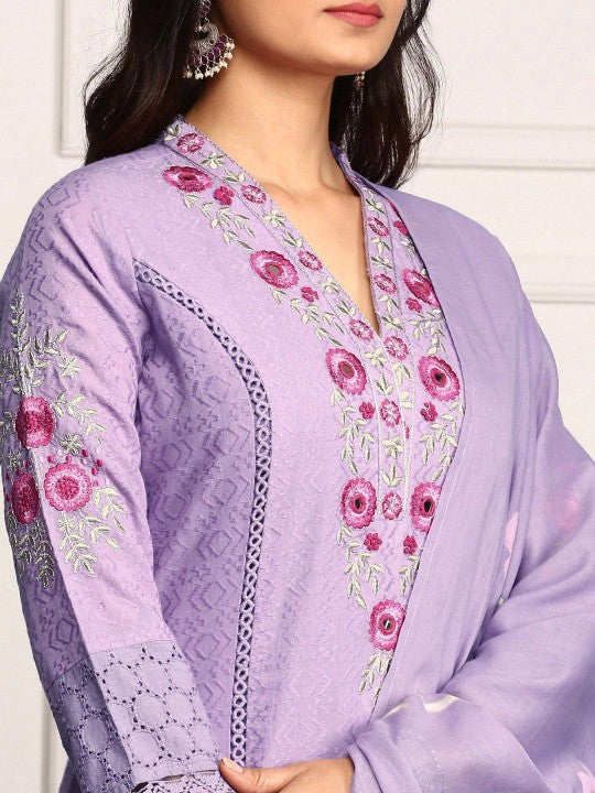 Ishin Floral Embroidered Mirror Work Pure Cotton Kurta With Trousers & Dupatta