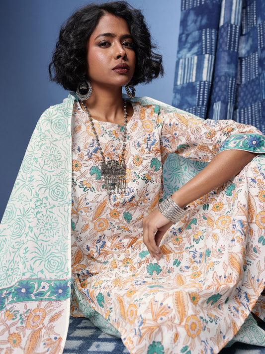 Taavi Bagru Floral Printed Pure Cotton Kurta with Trousers & Dupatta