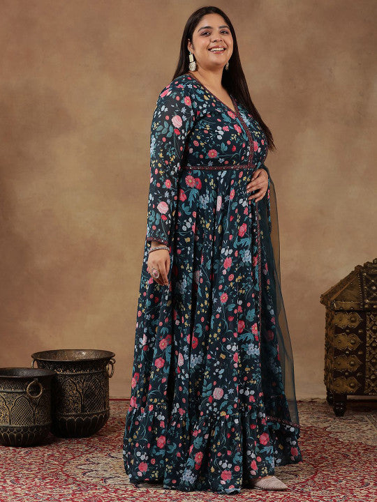 INDDUS Plus Size Floral Printed Long Sleeves Georgette Anarkali Kurta With Dupatta