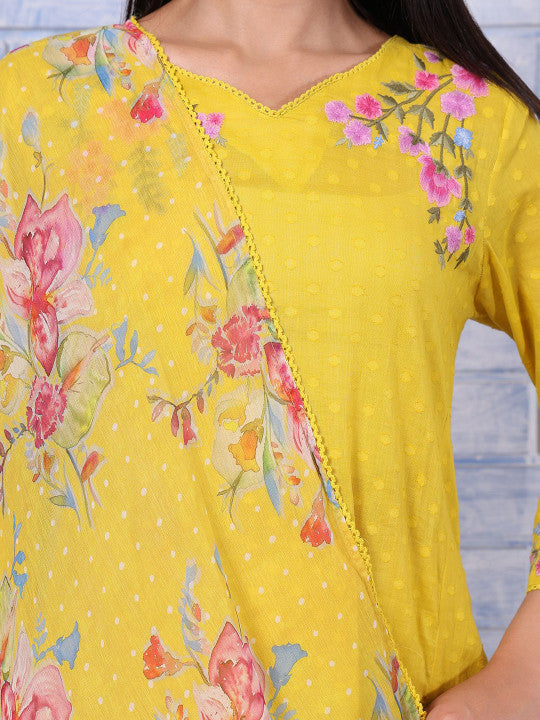 W Women Floral Embroidered Cotton Kurta with Trousers & Dupatta