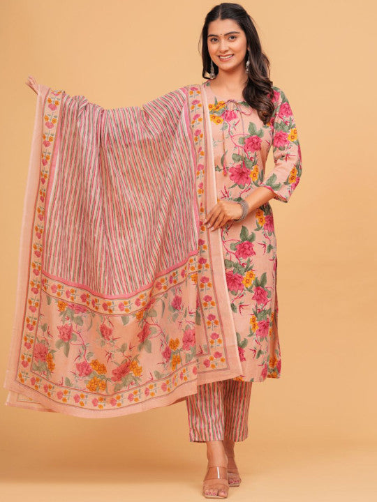 TANISHA Floral Printed Tie-Up Neck Straight Kurta With Trousers And Dupatta