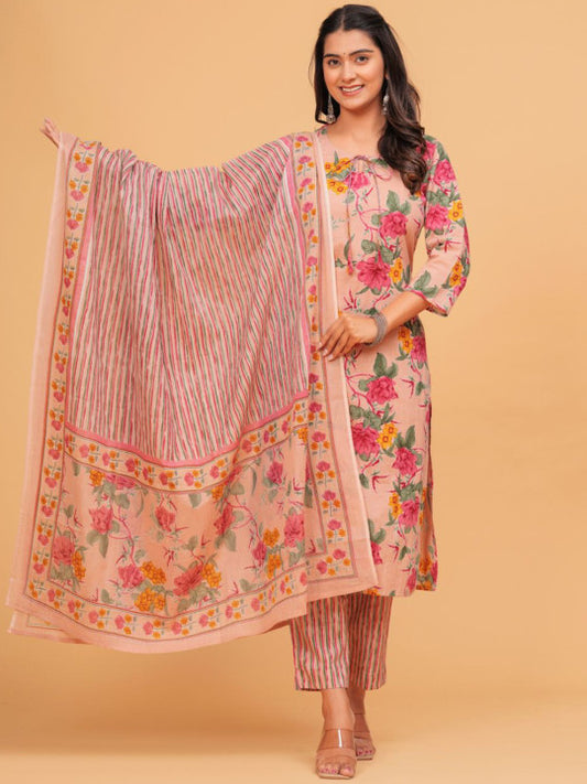 TANISHA Floral Printed Tie-Up Neck Straight Kurta With Trousers And Dupatta