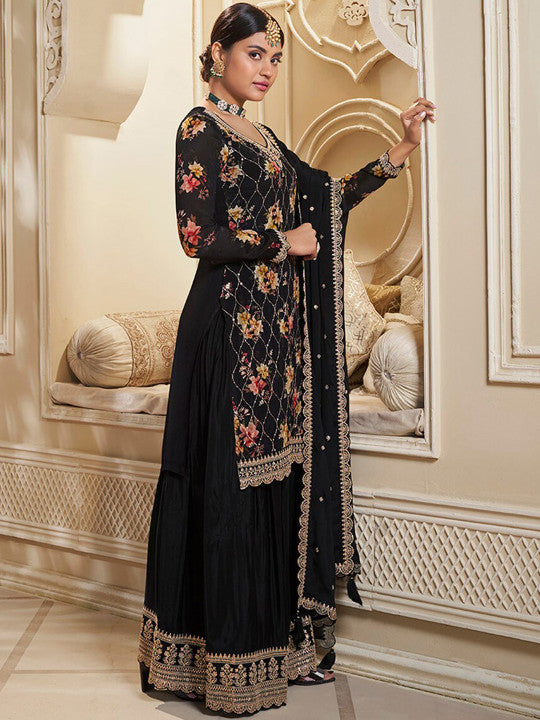 Neck Long Sleeves Ethnic Printed Silk Chiffon Kurti with Sharara & Dupatta