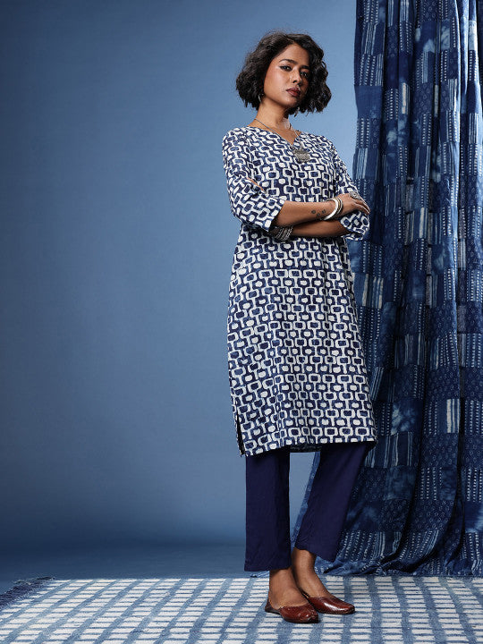 Taavi Indigo Geometric Printed Regular Kurta With Trousers & With Dupatta