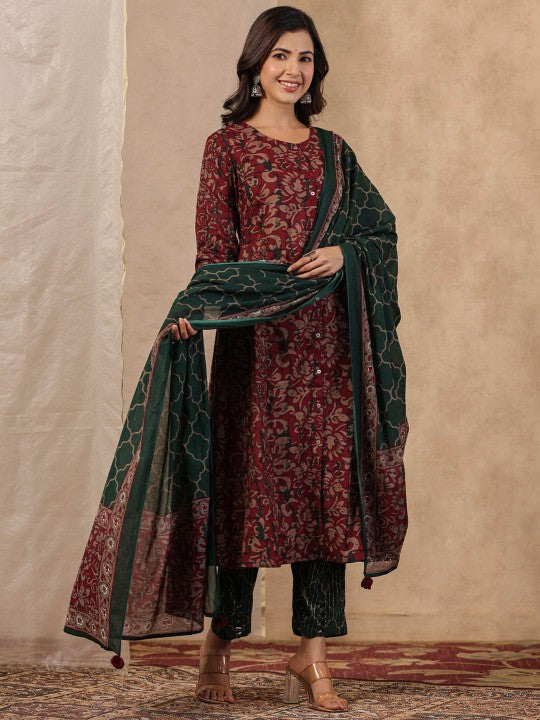 Floral Printed Pure Cotton Straight Kurta With Trouser & Dupatta