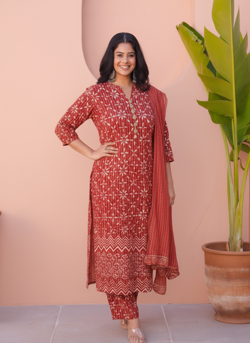 Viscose Placement Print Straight Maroon Kurta