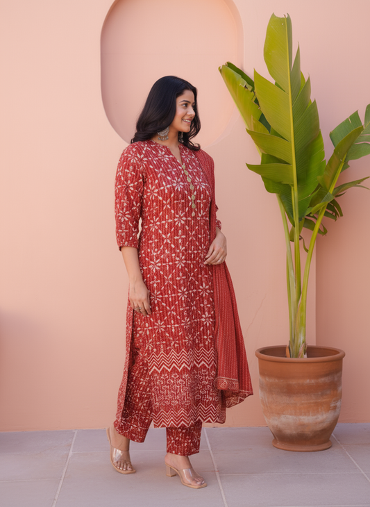 Viscose Placement Print Straight Maroon Kurta