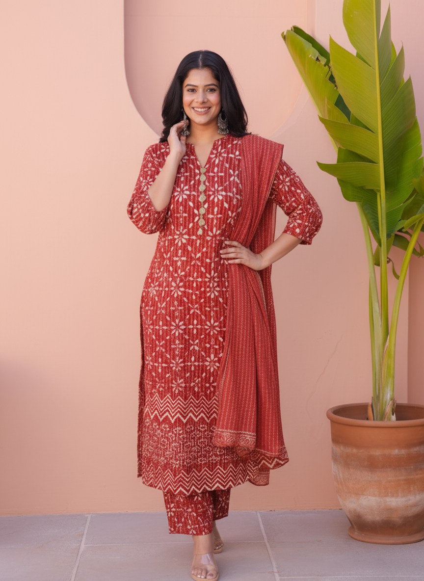 Viscose Placement Print Straight Maroon Kurta